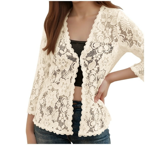 Fiaer.Long Sleeve Lace Beach Cover up for Women.Womens Plus Size Hollow out Casual Trendy Loose Fit Going out Tops Beige L