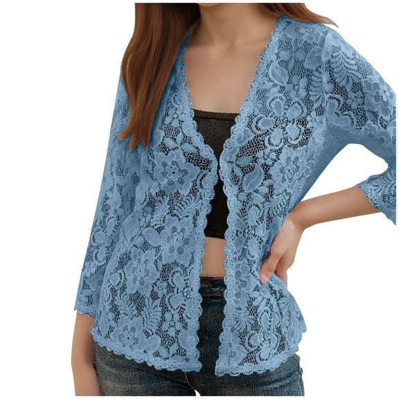 Fiaer,Long Sleeve Lace Beach Cover up for Women,Womens Plus Size Hollow out Casual Trendy Loose Fit Going out Tops Sky Blue M