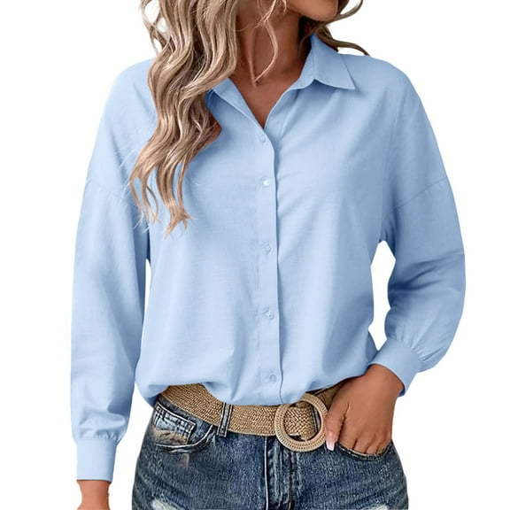 Fiaer,Long Sleeve Shirts for Women,Womens Button down V Neck Blouses ,Women's Loose Fit Casual Trendy Lapel Collared Tops Blue S