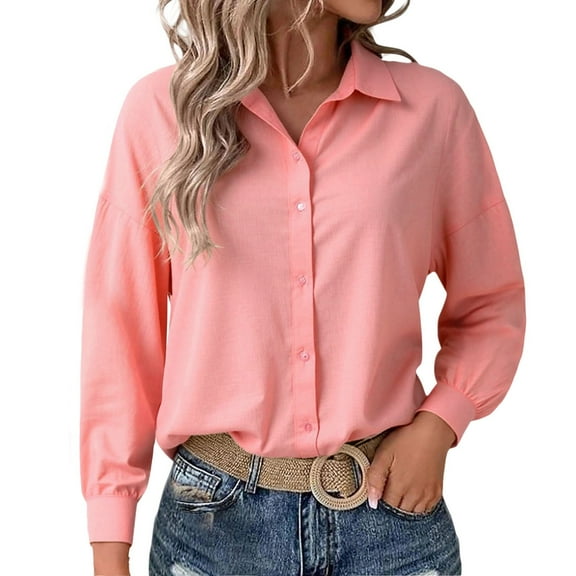 Fiaer,Long Sleeve Shirts for Women,Womens Button down V Neck Blouses ,Women's Loose Fit Casual Trendy Lapel Collared Tops Red L
