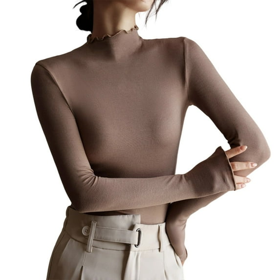 Fiaer,Long Sleeve Slim Fit Tshirts for Women,Womens Turtleneck Casual T Shirts,Women's Trendy Going out Solid Color Tops Khaki M