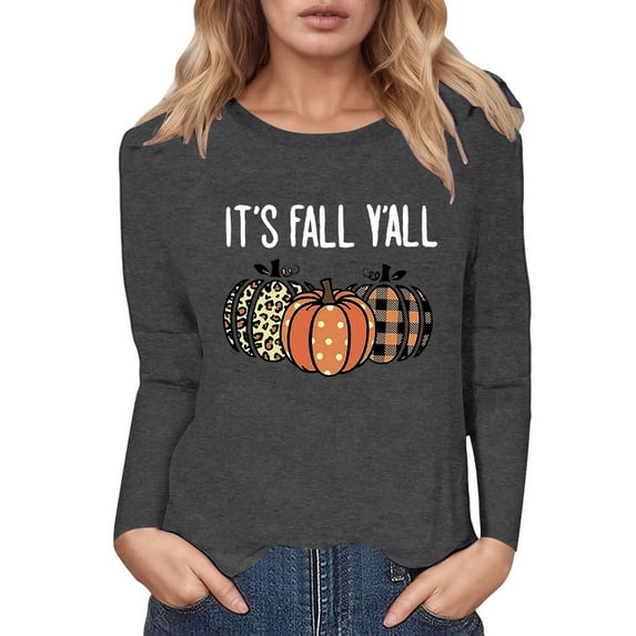 Fiaer,Long Sleeve Tshirt Halloween T-Shirt for Adult Women Crew Neck Plus Size Pumpkin Printed Loose Fit Casual Tops Dark Gray L