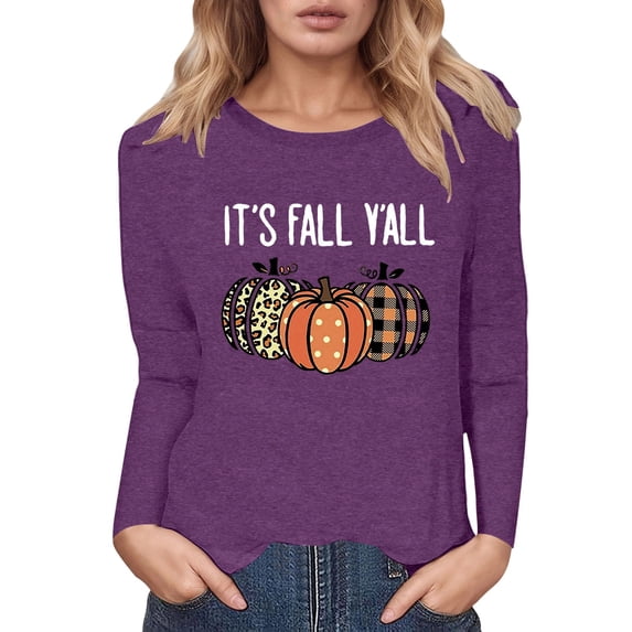 Fiaer,Long Sleeve Tshirt Halloween T-Shirt for Adult Women Crew Neck Plus Size Pumpkin Printed Loose Fit Casual Tops Purple1 L