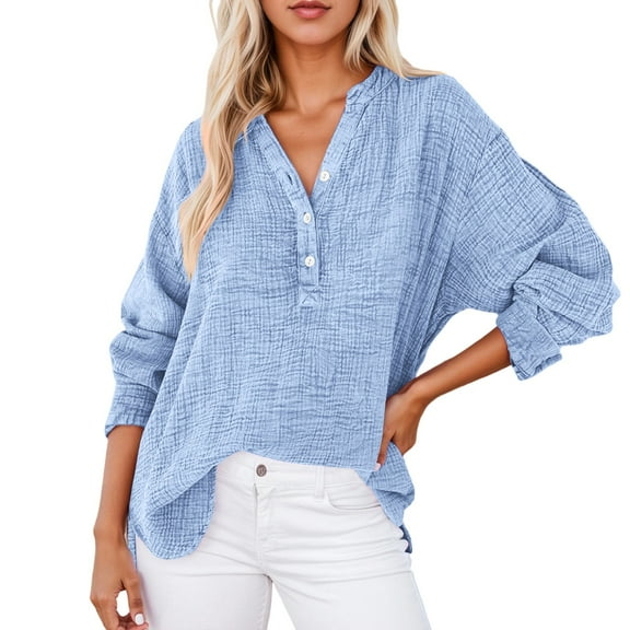 Fiaer.Long Sleeve V Neck Oversized T Shirts for Women.Womens Button up Casual Tshirts.Women's Trendy Loose Fit Asymmetric Hem Tops BU1 M