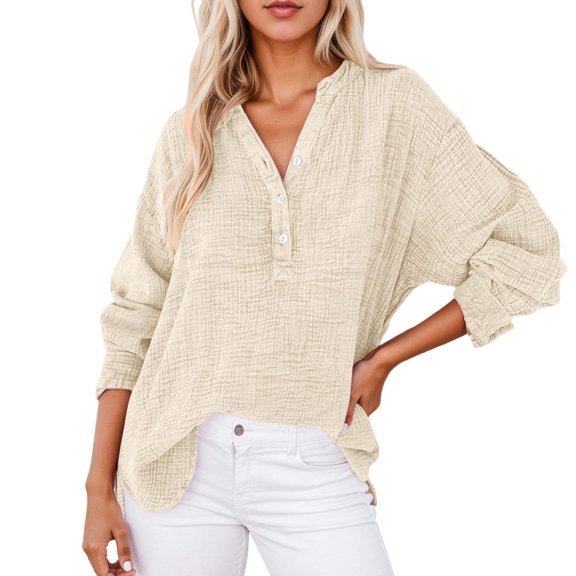 Fiaer.Long Sleeve V Neck Oversized T Shirts for Women.Womens Button up Casual Tshirts.Women's Trendy Loose Fit Asymmetric Hem Tops Beige XL