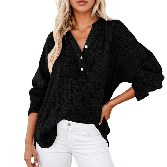 Fiaer.Long Sleeve V Neck Oversized T Shirts for Women.Womens Button up Casual Tshirts.Women's Trendy Loose Fit Asymmetric Hem Tops Black M