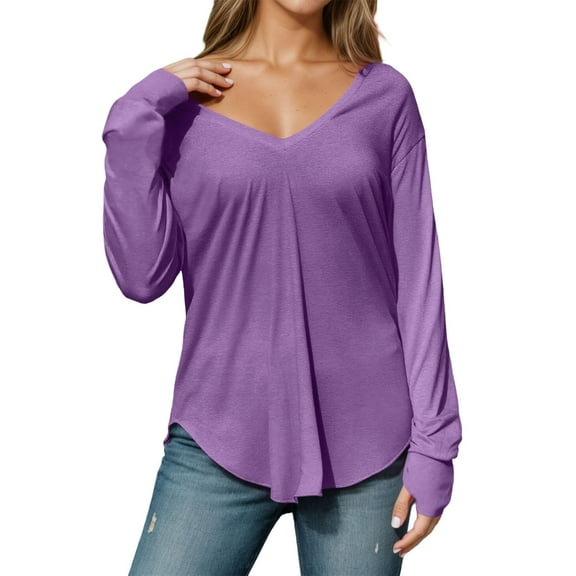 Fiaer,Long Sleeve V Neck Tshirts for Women,Womens Plus Size Loose Fit Casual T Shirts,Women's Trendy Going out Basic Tops Purple XL