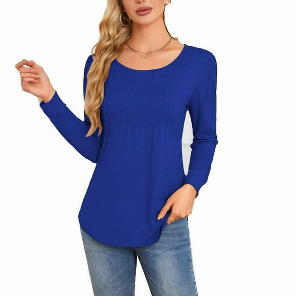 Fiaer Long Sleeve Womens T Shirts Crew Neck Loose Fit Tshirts Casual Trendy Solid Color Comfort Tops for Daily Blue M