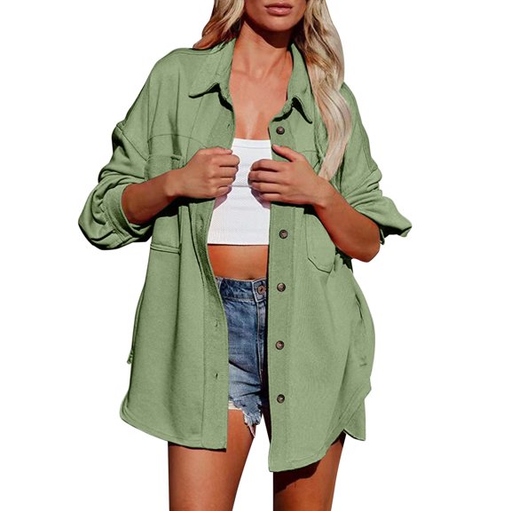Fiaer,Loose Fit Button down Shirts for Women,Womens Casual Long Sleeve Trendy Blouses,Women's V Neck Lapel Collared Lightweight Tops with Pockets Green S