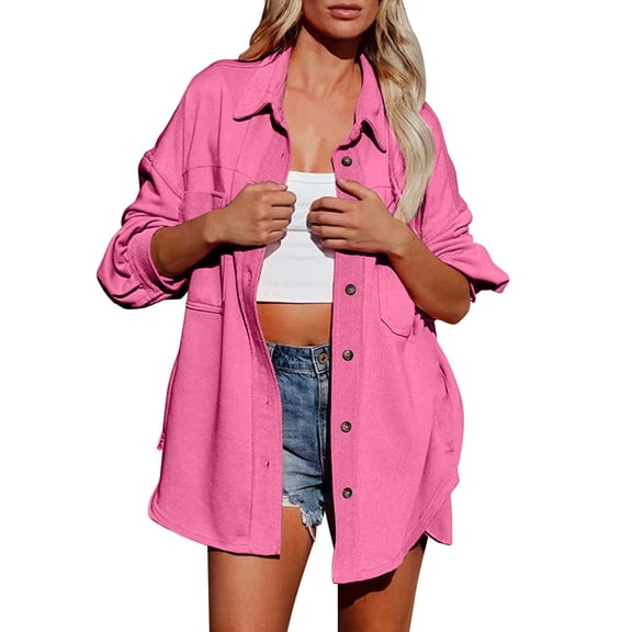 Fiaer,Loose Fit Button down Shirts for Women,Womens Casual Long Sleeve Trendy Blouses,Women's V Neck Lapel Collared Lightweight Tops with Pockets Pink M