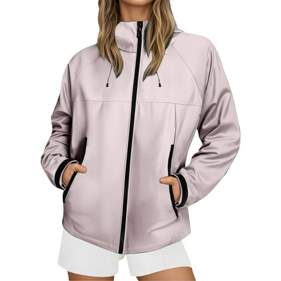Fiaer Rain Jacket Women Waterproof Windbreaker Hooded Tops Oversized Full Zip up Long Sleeve Lightweight Outdoor Jackets Light Pink XXXL