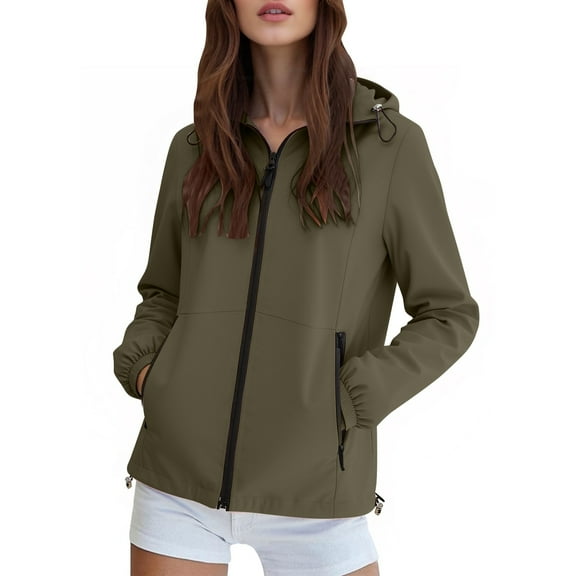 Fiaer,Loose Fit Full Zip Softshell Jackets for Women,Womens Oversized Lightweight Windbreaker Tops with Hooded,Women's Packable Drawstring Outerwears with Pockets Green M