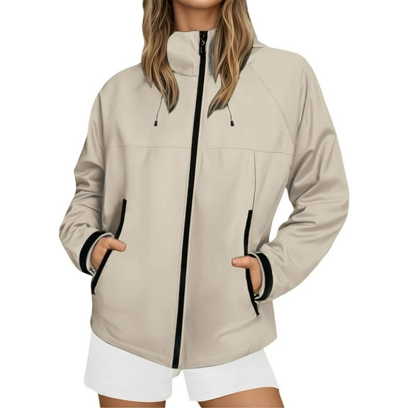 Fiaer Rain Jacket Women Waterproof Windbreaker Hooded Tops Oversized Full Zip up Long Sleeve Lightweight Outdoor Jackets Khaki XXXL