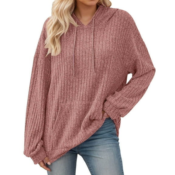 Fiaer,Womens Soft Ribbed Knit Hoodies Long Sleeve Plus Size Sweatshirts Lightweight Cozy Fall Drawstring Loose Fit Tops Red XL