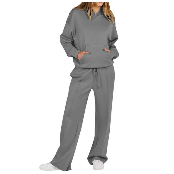 Fiaer,Loose Fit Plus Size Hooded Sweatsuits Sets for Women,Long Sleeve Hoodies and Lace up Straight Pants 2 Piece,Womens Casual Trendy Solid Lightweight Tracksuit Set Grey XL