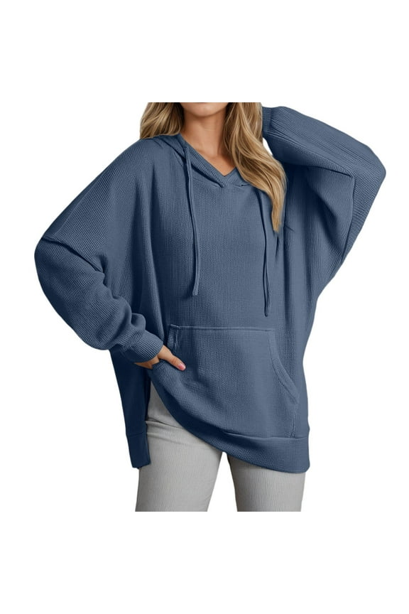 ,Loose Fit Side Split Drawstring Hoodies for Women,Womens Plus Size Irregular Hem Casual Trendy Solid Long Sleeve Spliced Hooded Sweatshirts with Pocket Blue M