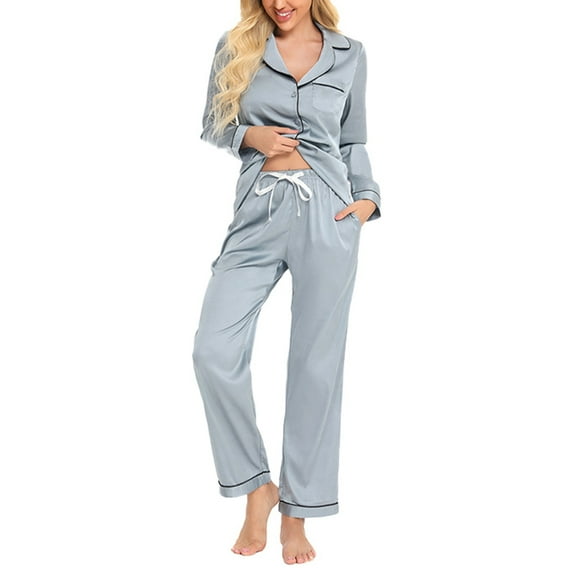 Fiaer,Lounge Pajamas Sets for Women,Womens Oversized Button down Long Sleeve Pants Sleepwear 2 Pieces,Ladies Loose Fit Casual Trendy Going out Pjs Grey XL