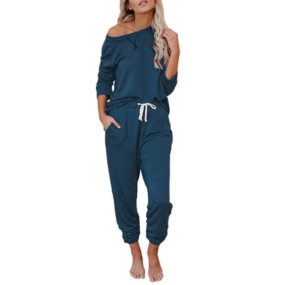 Fiaer,Lounge Pajamas Sets for Women,Women's Long Sleeve Plus Size Lace up Pants Sleepwear 2 Pieces,Womens Loose Fit Casual Trendy Pjs A M
