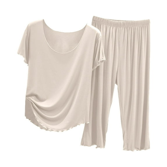 Fiaer,Lounge Plus Size Sets for Women,Womens Loose Fit Lightweight Pajamas 2 Piece,Women's Short Sleeve T Shirts Capri Pants,Ladies Comfort Trendy Sleepwear Crew Neck Solid Color Pjs Beige M