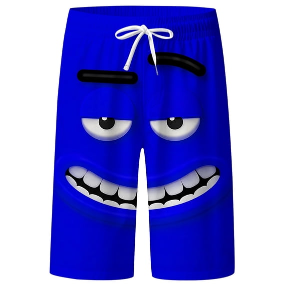 Fiaer Men's Beach Shorts Funny 3D Expression Graphic Summer Swim Trunks Novelty Beachwear Sports Vacation Shorts with Pockets Blue M