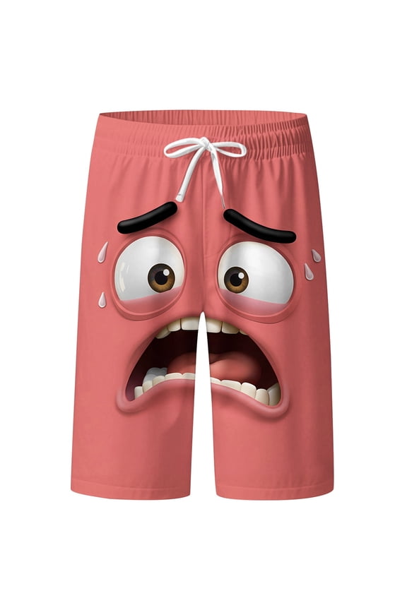 Men's Funny Face Printed Elastic Drawstring Waist Swim Trunk Summer Casual Board Shorts Beach Resort Stretchy Bathing Suit Pink XXXL