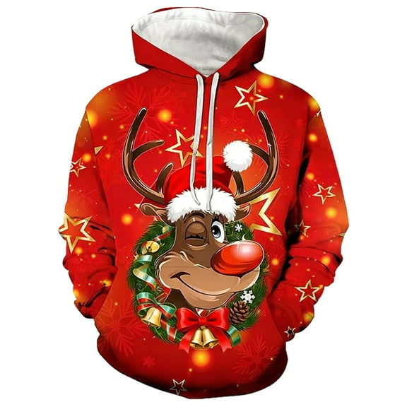 Fiaer Men's Hoodie Christmas Funny Graphic Oversized Hooded Sweatshirts Long Sleeve Drawstring Pocket Xmas Tops Red S