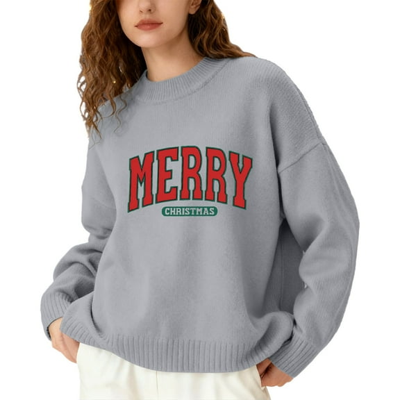 Fiaer Merry Christmas Sweaters for Women Thermal Trendy Oversized Warm Knitted Pullover Lined Crew Neck Long Sleeve Warm Xmas Tops Grey M