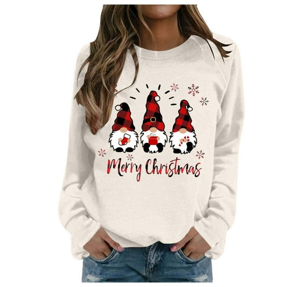 Fiaer Merry Christmas Sweatshirt for Women Oversized Crewneck Santa Long Sleeve Pullover Xmas Casual Holiday Party Tops Beige M