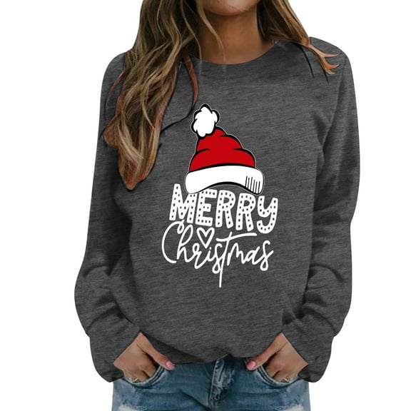 Fiaer Merry Christmas Sweatshirts for Women Santa Hat Plus Size Pullover Baggy Long Sleeve Trendy Crew Neck Tops Dark Gray M