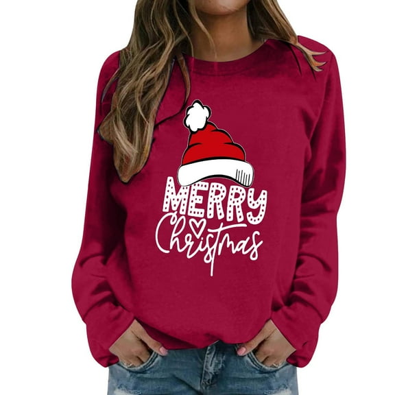 Fiaer Merry Christmas Sweatshirts for Women Santa Hat Plus Size Pullover Baggy Long Sleeve Trendy Crew Neck Tops Red L