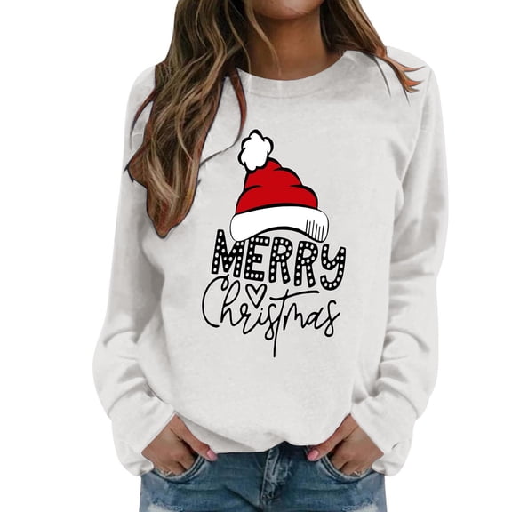 Fiaer Merry Christmas Sweatshirts for Women Santa Hat Plus Size Pullover Baggy Long Sleeve Trendy Crew Neck Tops White L