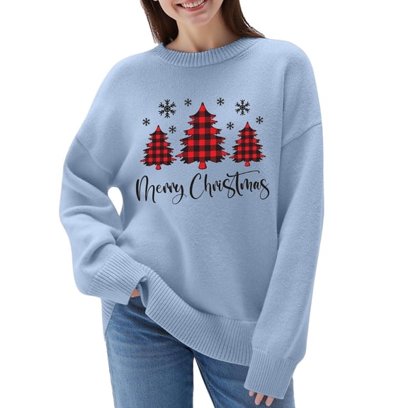 Fiaer Merry Christmas Tree Womens Sweater Oversized Knitted Pullover Trendy Fall Crew Neck Long Sleeve Baggy Xmas Tops Light Blue XL