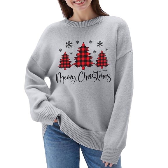 Fiaer Merry Christmas Tree Womens Sweater Oversized Knitted Pullover Trendy Fall Crew Neck Long Sleeve Baggy Xmas Tops Light Gray L