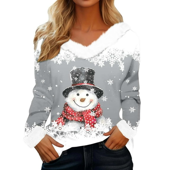 Fiaer Merry Christmas Tshirts for Women Oversized V Neck T Shirts with Decor Long Sleeve Snowman Snowflake Graphic Tops Grey1 XXL