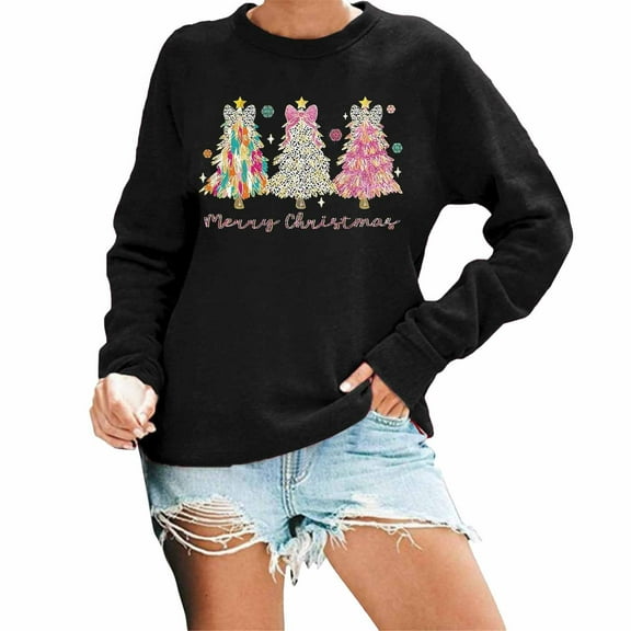 Fiaer Merry Christmas Women Sweatshirts Crew Neck Plus Size Xmas Pullover Long Sleeve Relaxed Trendy Holiday Tops Black M