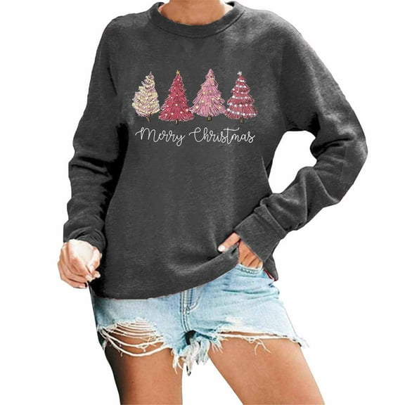 Fiaer Merry Christmas Women Sweatshirts Cute Xmas Tree Graphic Long Sleeve Plus Size Crew Neck Baggy Holiday Tops Grey XXL