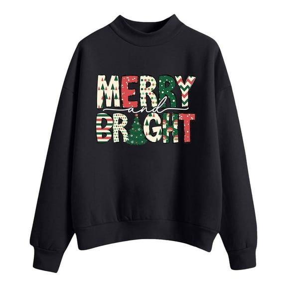 Fiaer Merry Christmas Women Sweatshirts Trendy Crew Neck Pullover Long Sleeve Plus Size Loose Fit Casual Tops Black L