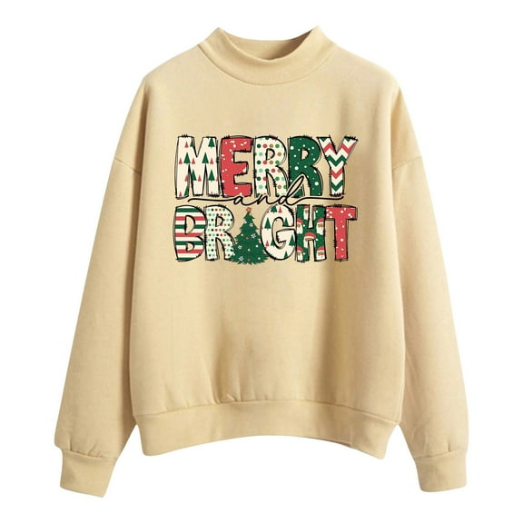 Fiaer Merry Christmas Women Sweatshirts Trendy Crew Neck Pullover Long Sleeve Plus Size Loose Fit Casual Tops Khaki XL
