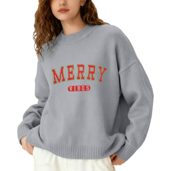 Fiaer Merry Christmas Women's Sweater Lined Warm Knitted Pullover Oversized Thermal Long Sleeve Loose Fit Crew Neck Warm Xmas Tops Grey XXXXL