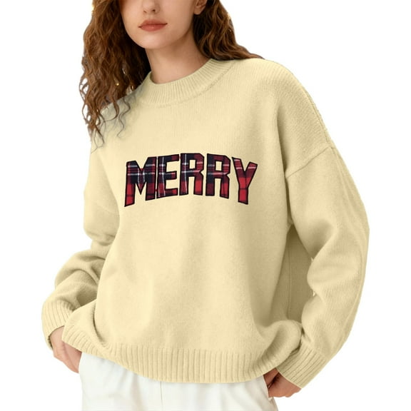 Fiaer Merry Christmas Womens Sweater Oversized Trendy Warm Knitted Pullover Long Sleeve Loose Fit Crew Neck Casual Xmas Tops Beige XXXL