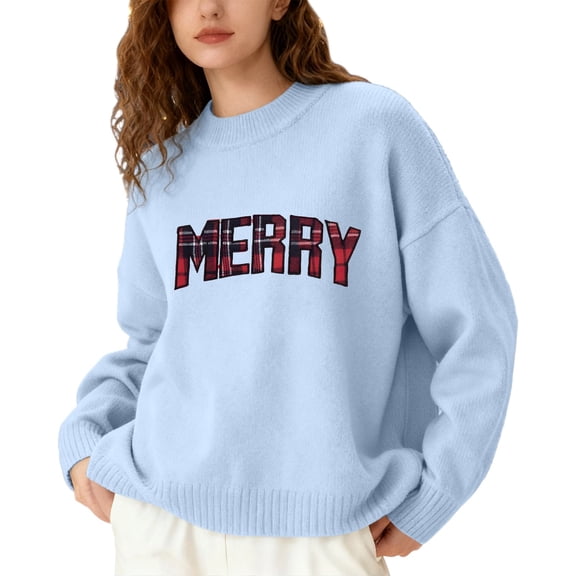 Fiaer Merry Christmas Womens Sweater Oversized Trendy Warm Knitted Pullover Long Sleeve Loose Fit Crew Neck Casual Xmas Tops Light Blue XXXXL