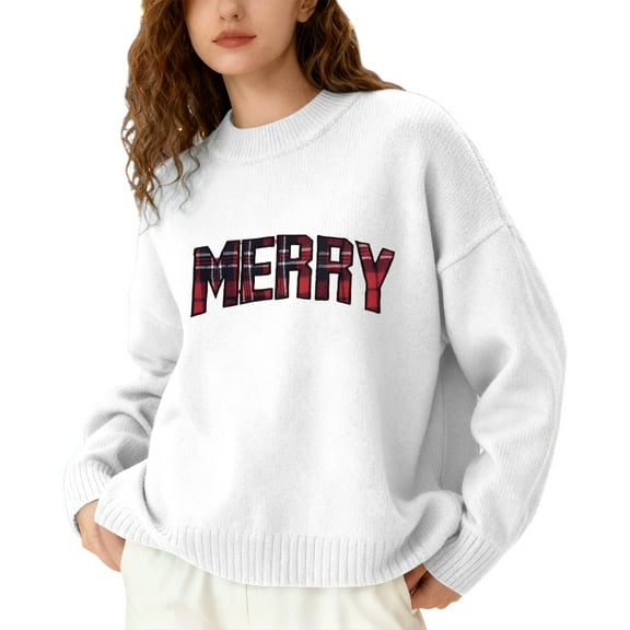 Fiaer Merry Christmas Womens Sweater Oversized Trendy Warm Knitted Pullover Long Sleeve Loose Fit Crew Neck Casual Xmas Tops White XL