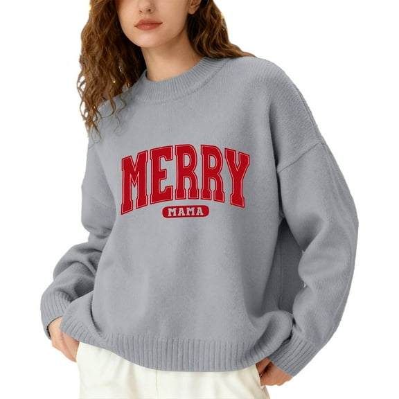 Fiaer Merry Womens Sweater Christmas Oversized Crew Neck Knitted Pullover Long Sleeve Loose Fit Trendy Warm Casual Xmas Tops Grey XL
