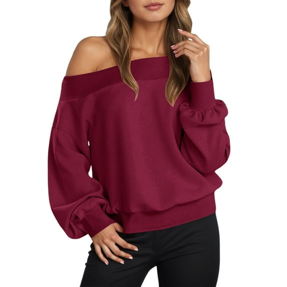 Fiaer Off the Shoulder Sweatshirts for Women Plus Size Long Sleeve Pullover Baggy Solid Color Trendy Tops Red XL