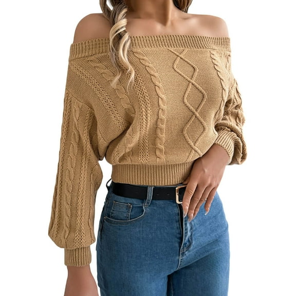 Fiaer Off the Shoulder Womens Cropped Sweater Long Sleeve Casual Knitted Pullover Fashion Chunky Cozy Tops for Cold Weather Khaki M