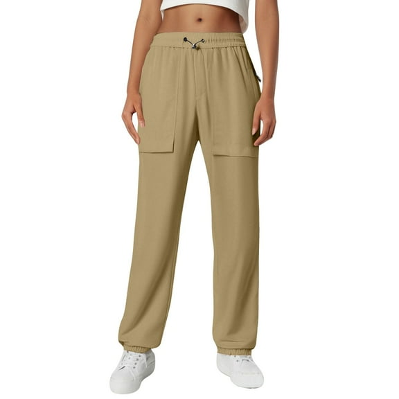 Fiaer,Oversized Cargo Sweatpants for Women,Ladies Drawstring Baggy Pants with Pockets,Womens Straight Leg Pure Hiking Running Trousers Gold S