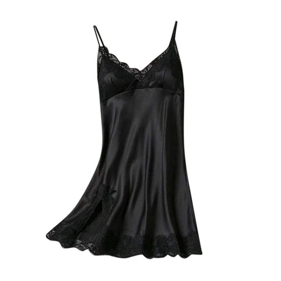 Fiaer,Oversized Deep V Neck Sexy Chemise Nightgowns for Women,Womens Spaghetti Strap Trendy Sleepwear,Women's Lace Trim Both Side Split Camisole Pajamas Black1 M