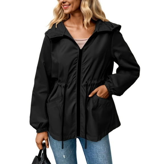 Fiaer,Oversized Full Zip Hooded Jackets for Women,Women's Drawstring Loose Fit Windproof Tops,Ladies Long Sleeve Lightweight Outerwear with Pockets Black M