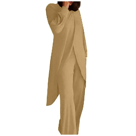 Fiaer,Oversized Irregular Hem Lounge Wear Sets for Women,2 Piece Sets for Crew Neck Long T Shirts and Palazzo Pants,Womens Loose Fit Casual Trendy Solid Outfits Set Khaki L