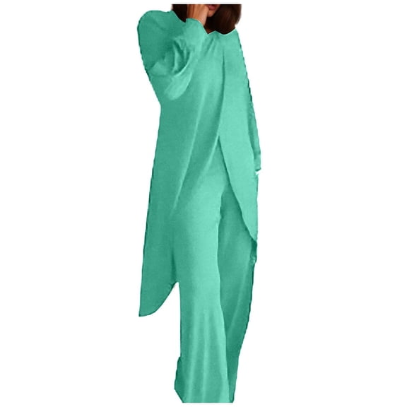 Fiaer,Oversized Irregular Hem Lounge Wear Sets for Women,2 Piece Sets for Crew Neck Long T Shirts and Palazzo Pants,Womens Loose Fit Casual Trendy Solid Outfits Set Green M